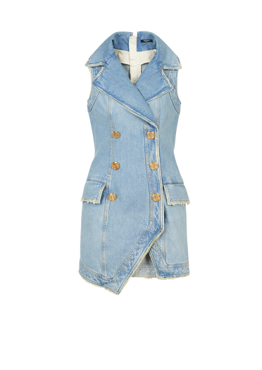 Short eco-designed denim dress with gold-tone double-buttoned fastening