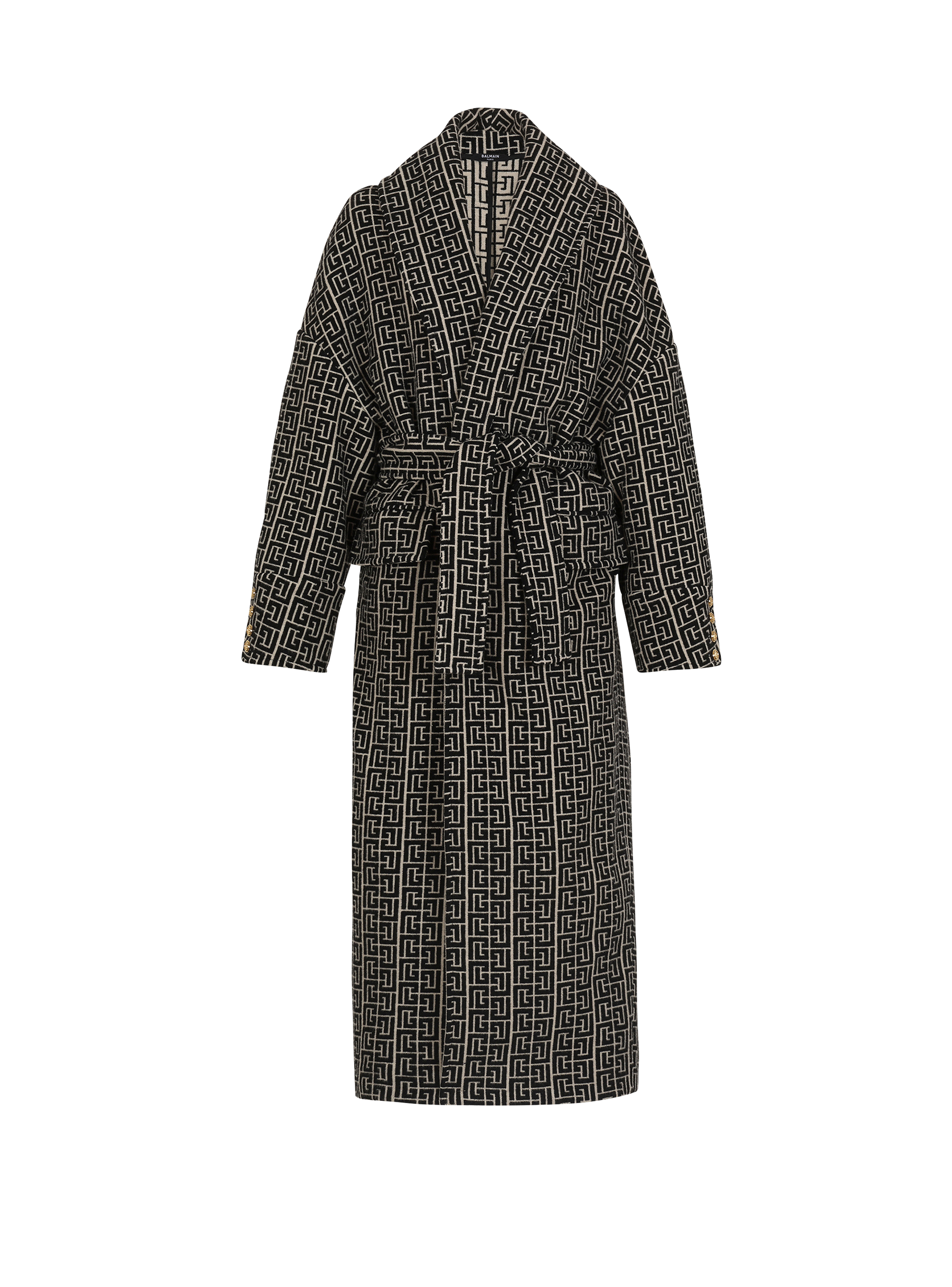 Balmain print monogram wool coat, black