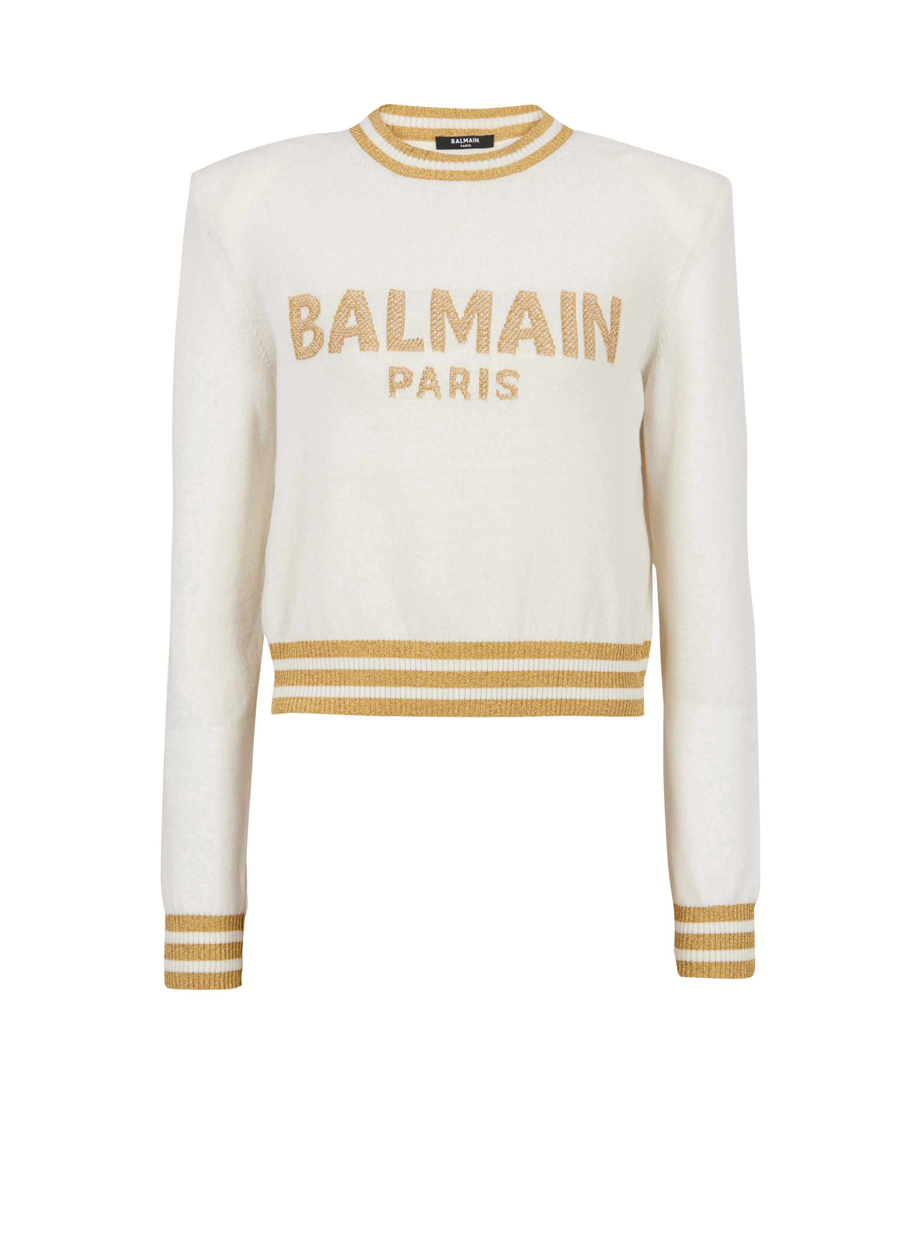 Sweat court en laine avec logo Balmain, beige