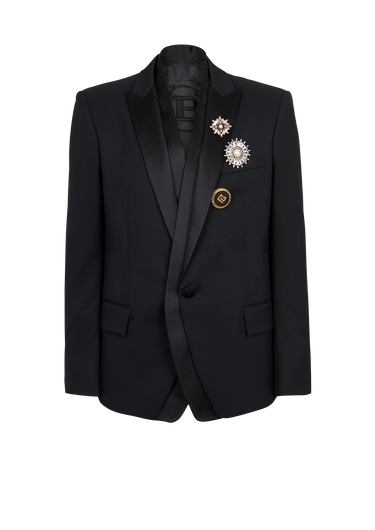 Wool blazer with embroidered badges and satin collar