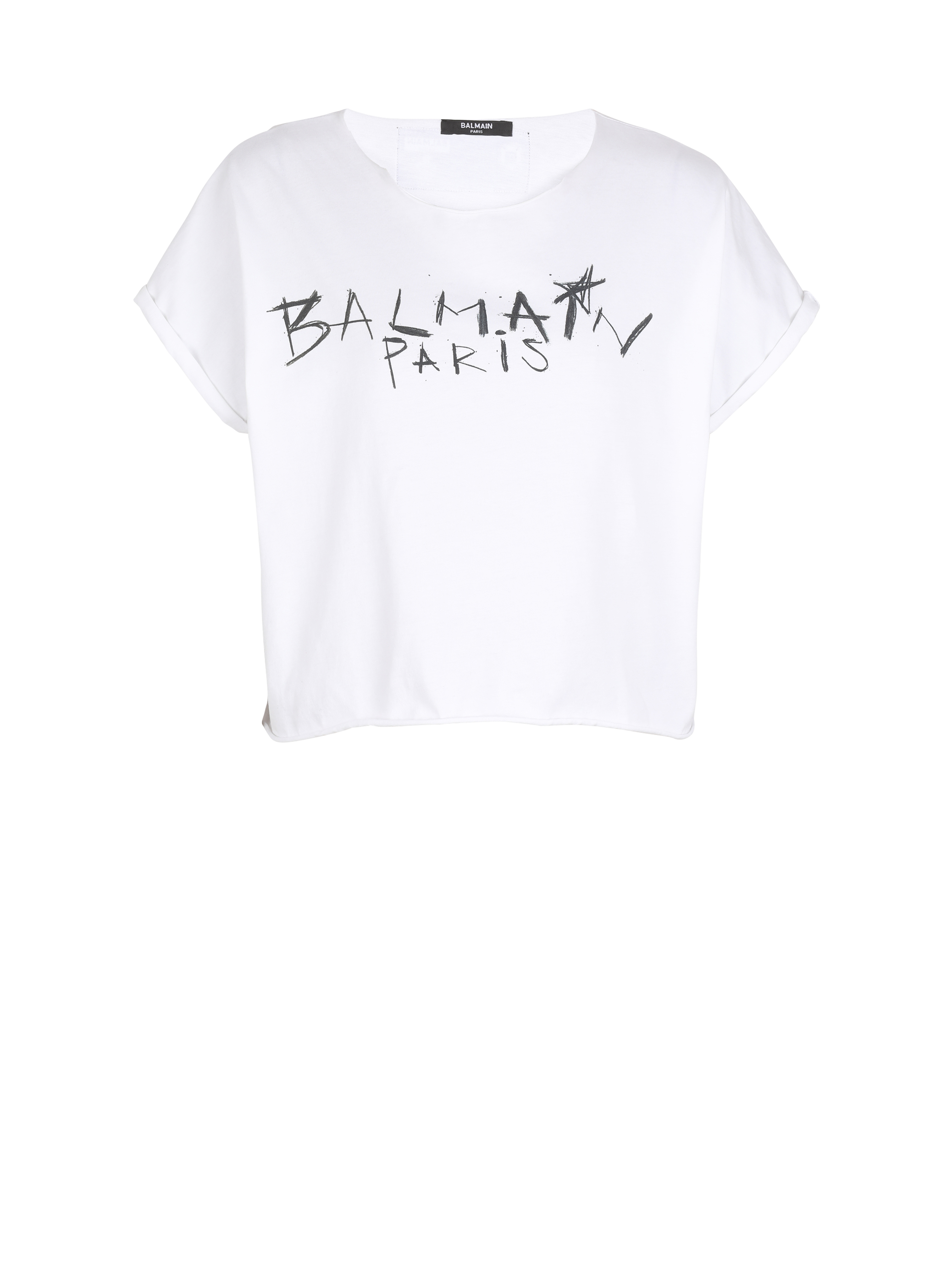 T-shirt court en coton imprimé graffiti Balmain, blanc