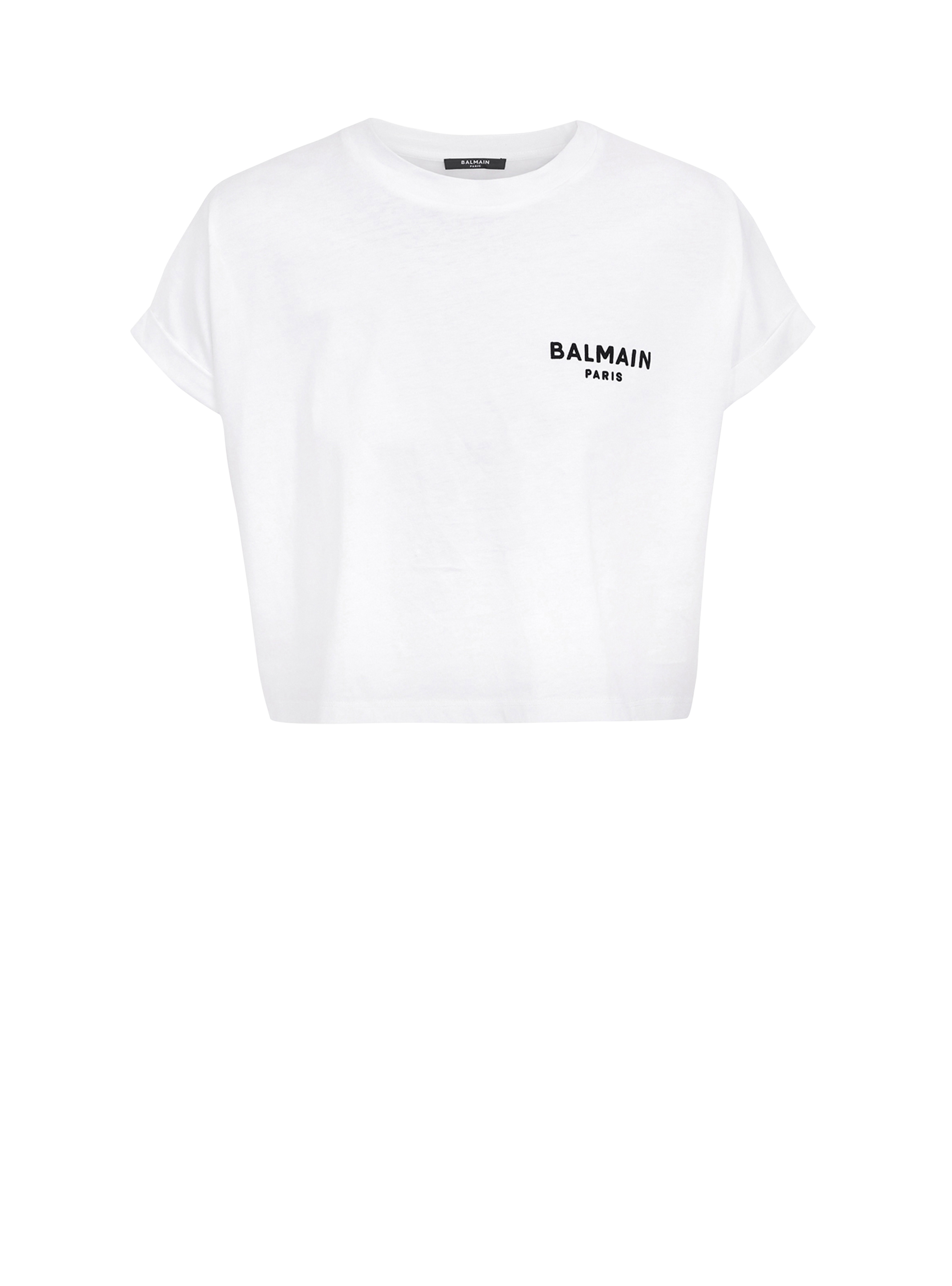 T-shirt court en coton floqué petit logo Balmain, blanc