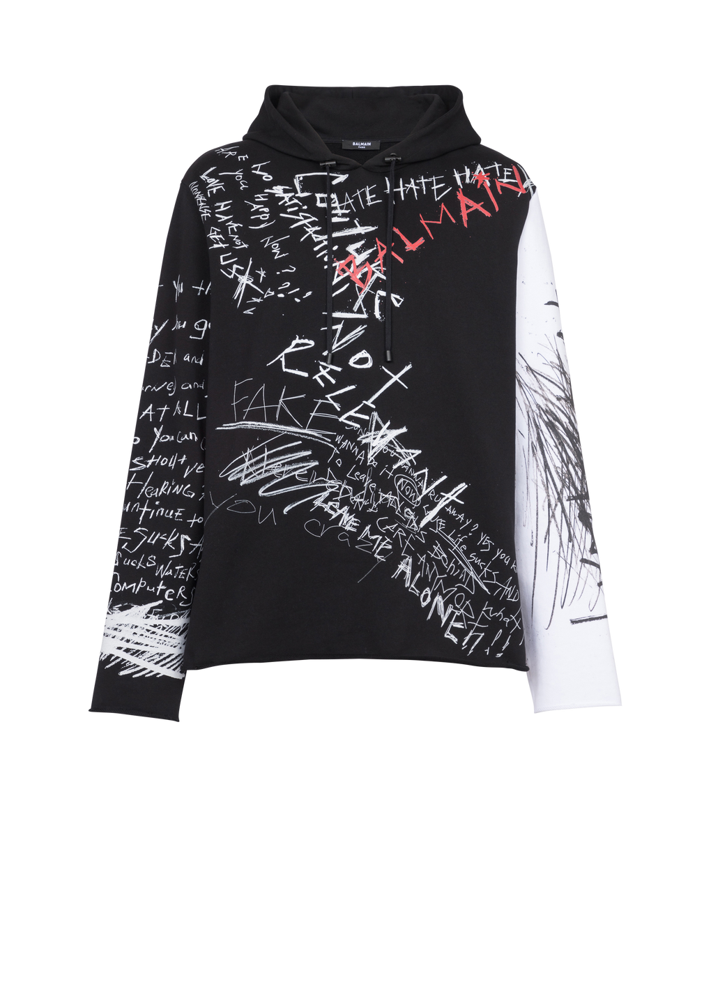 Hooded cotton sweatshirt with graffiti Balmain logo print, black, hi-res