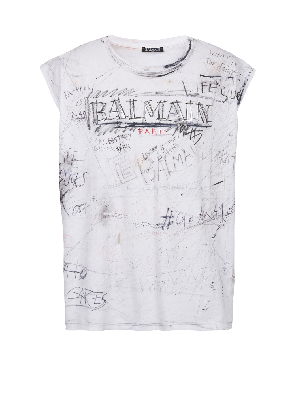 Unisex - Vintage T-shirt with Balmain logo print graffiti, white, hi-res