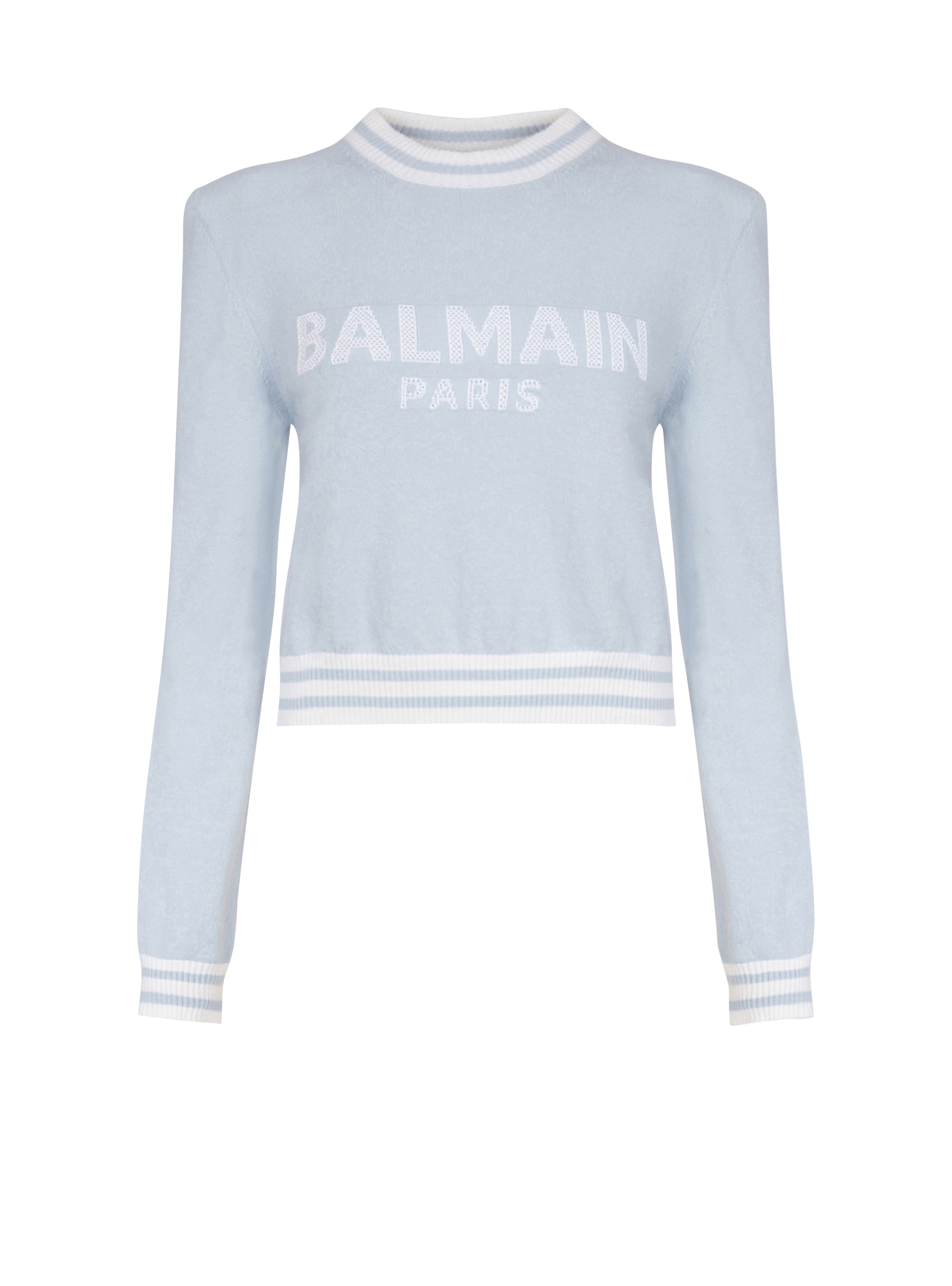 Cropped wool sweatshirt with Balmain logo, blue