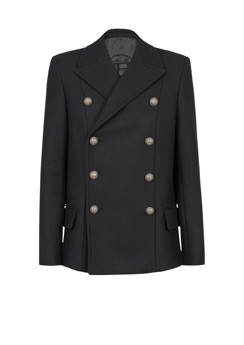 Wool pea coat with double-breasted silver-tone buttoned fastening, black, hi-res